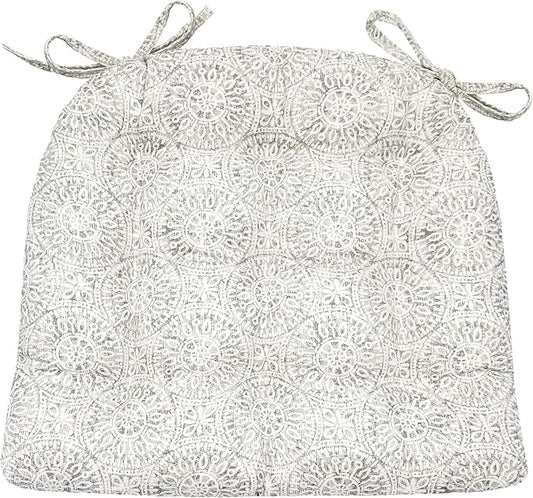 Barnett Home Decor Tibet Grey Dining Chair Pad with Ties - 19 x 19 Size Large Chair Cushion - Latex Foam Fill - Machine Washable, 100% Cotton, Made in USA (Gray Mandalas)