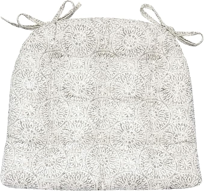 Barnett Home Decor Tibet Grey Dining Chair Pad with Ties - Medium Size 18 Chair Cushion - Latex Foam Fill - Machine Washable, 100% Cotton, Made in USA (Gray Mandalas)