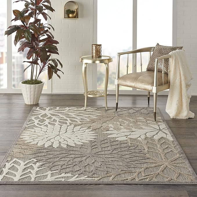 Nourison Aloha Indoor/Outdoor Area Rug 3' 6" x 5' 6", Natural, Rectangular Tropical Botanical Easy-Cleaning Non Shedding Bed Room Living Room Dining Room Deck Backyard Patio