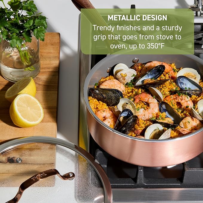 T-Fal Preserve Ceramic Nonstick Frying Pan Skillet 12-inch, Oven Broiler Safe up to 350°F, Cookware, InoCeram Glide Technology, Frying Pan, Skillet Pots & Pans, Rose Gold