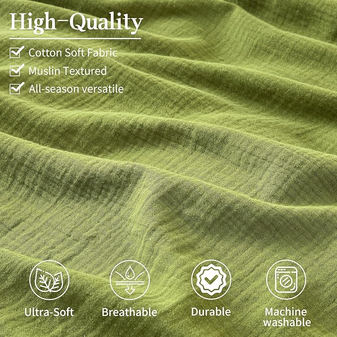 MEISHANG Muslin Duvet Cover Queen Size - 100% Organic Cotton, Soft Textured Gauze Weave Comforter Cover for Breathable All-Season with Zipper Closure - 3 Piece Set (Queen, Forest Green)