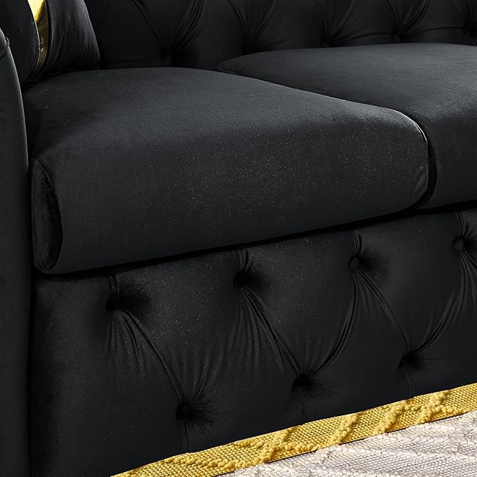 KEIKI 91" Luxury Oversized Velvet Chesterfield Sofa with Gold Stainless Steel Accents and 2 Pillows, Mid-Century Style 3-Seater Button Tufted Couch, Easy Assembly, for Apartment, Living Room, Black
