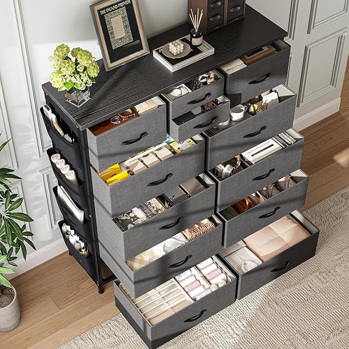 EnHomee Dresser for Bedroom with 12 Drawers, Tall Dressers & Chest of Drawers with Side Pockets, Fabric Dresser for Bedroom, Closet, Hallway, Living Room, Sturdy Metal Frame, Wood Top, Grey
