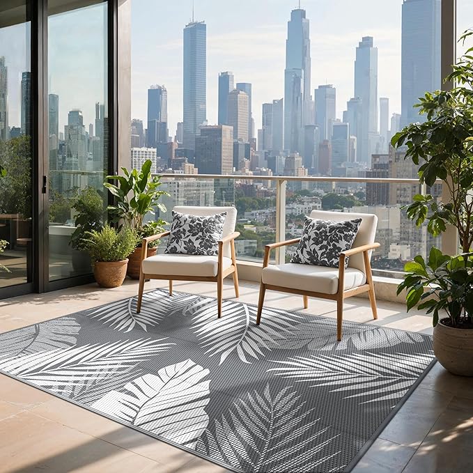 Outdoor Rug 9’x12’ Waterproof for Patio Clearance, Reversible Indoor Outdoor Plastic Straw Camping Rug Carpet, RV Mat, Large Area Rug for Deck, Backyard, Balcony, Porch, Beach, Grey & White
