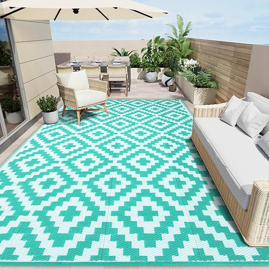 OLANLY Waterproof Outdoor Rug 9x18 ft, Outdoor Plastic Straw Rug for Camping, RV Mat Outside, Outdoor Carpet for Porch, Deck, Backyard, Balcony, Picnic, Turquoise & White