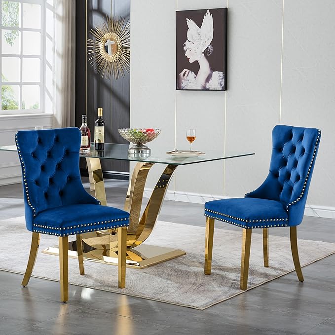 70" Modern Gold Glass Dining Table Set for 6, 7-Piece Rectangle Kitchen Dining Room Table Set with Steel Base & 6 Blue Velvet Upholstered Chairs, Modern Glass Kitchen Table and Chairs Set of 6