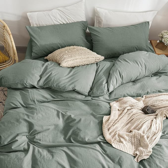 MooMee Bedding Duvet Cover Set 100% Washed Cotton Linen Like Textured Breathable Durable Soft Comfy (Heathered Green, Cal King 104"x98")
