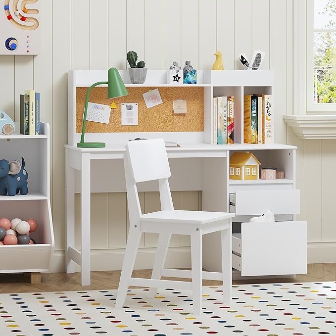 Spirich Kids Desk and Chair Sets, Kids Study Desk Set with Hutch and Storage, Children Wooden Study Table for 5-12 Years Old, Student Writing Table Computer Workstation