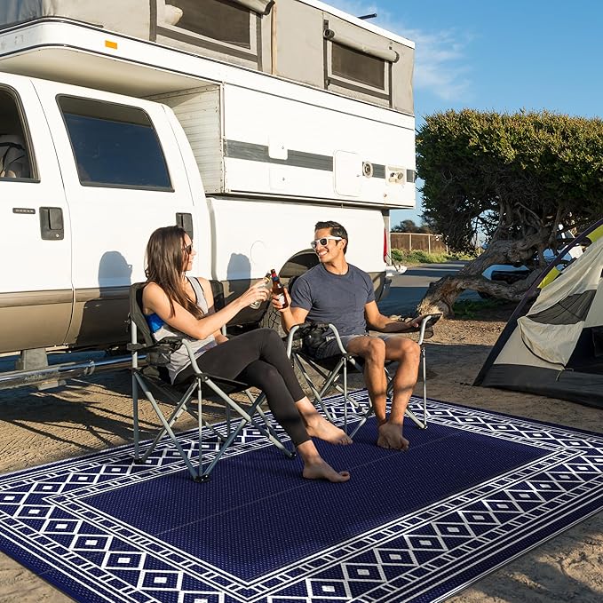 GENIMO Outdoor Rug Waterproof for Patio Decor, 5'x8' Reversible Plastic Straw Rug Carpet, Camping Mats for Outdoor, RV, Backyard, Deck, Balcony, Picnic, Blue & White