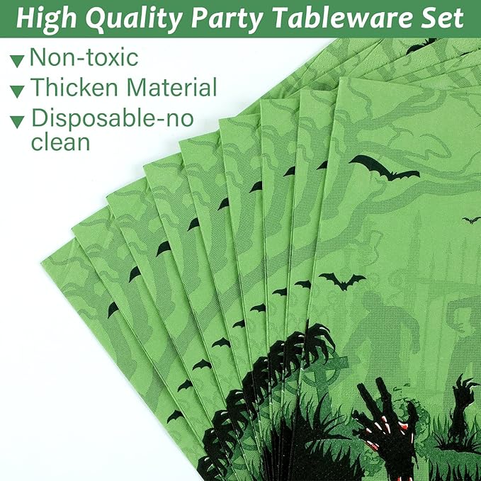 Wiooffen 96 Pcs Zombie Halloween Party Plates Napkins Tableware Set Halloween Birthday Party Supplies Disposable Paper Dinnerware Zombie Theme Table Decoration Favors for Birthday, 24 Guests