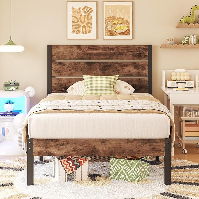 Twin Bed Frame with Headboard and Footboard, Metal Twin Bed Frame with Under Bed Storage, All-Metal Support System, No Box Spring Needed, Easy Assembly,Rustic Brown