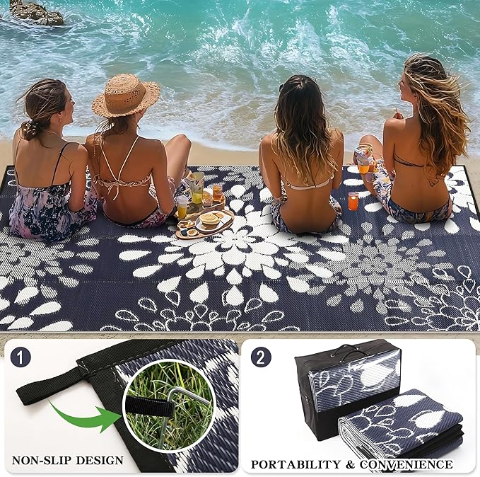 Wallona Outdoor Rugs 5x8 ft Patio Waterproof Clearance Indoor Outdoor Carpet for Patio Plastic Straw Reversible Area Rugs Mat for RV, Camping, Balcony, Beach, Picnic, Porch, Flower Blue & White