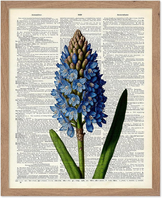 Poster Master Dictionary Art Poster - Blue Hyacinth Print - Flower Art - Floral Art - Gift for Men, Women & Florist - Minimal Decor for Bedroom, Office, Dorm or Flower Shop, 11x14 Beige Framed