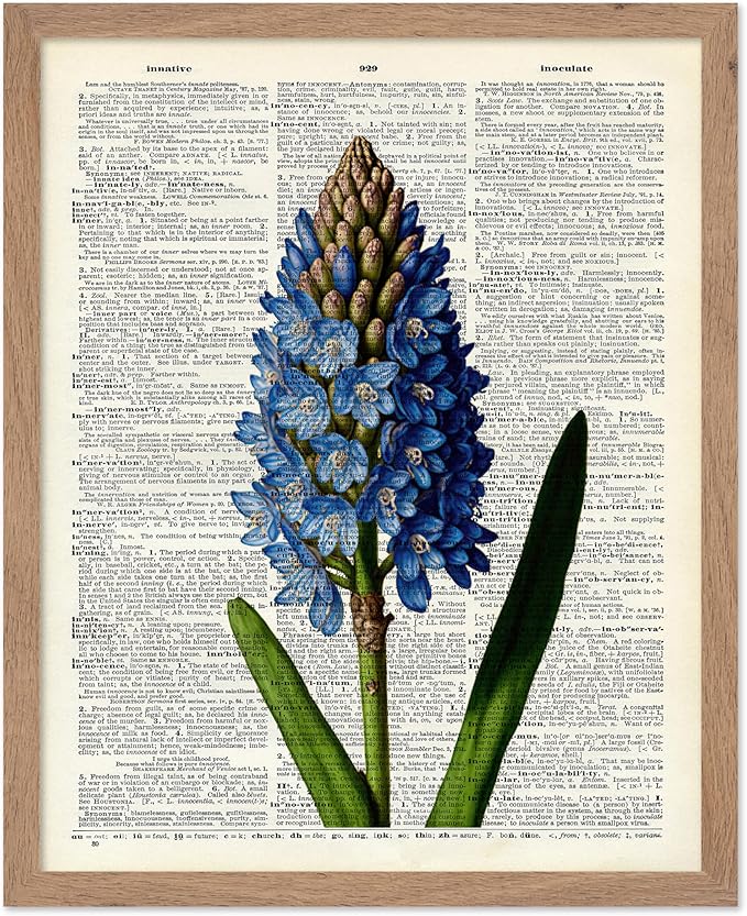 Poster Master Dictionary Art Poster - Blue Hyacinth Print - Flower Art - Floral Art - Gift for Men, Women & Florist - Minimal Decor for Bedroom, Office, Dorm or Flower Shop, 8x10 Beige Framed
