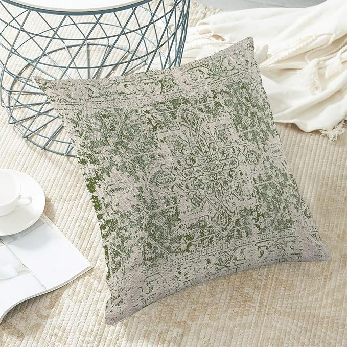 BETGINY Spring Sage Green Ethnic Boho Throw Pillow Covers 16 x 16 Inch Pack of 2, Bohemian Carpet Pattern Decorative Pillow Cases Vintage Outdoor Linen Farmhouse Cushion Case for Home Sofa Decor