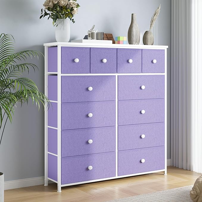 Dresser for Bedroom with 12 Drawers Tall Dressers for Bedroom Fabric Dressers & Chest of Drawers with Sturdy Metal Frame, Wood Top, for Woman, Closet, 40.6" W x 11.8" D x 44.5" H (Purple)