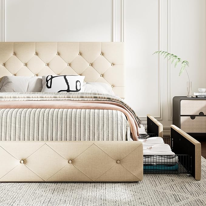MUTICOR Queen Size Bed Frame with 4 Storage Drawers, Upholstered Platform Bed with Button Tufted Adjustable Headboard, No Box Spring Needed, Easy Assembly, Diamond Tufted, Beige Fabric