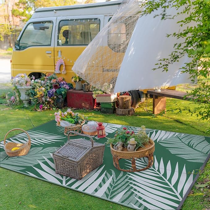 GENIMO Outdoor Rug 6' x 9' Waterproof for Patios Clearance, Reversible Plastic Straw Camping Carpet, Large Area Rugs Mats for RV, Picnic, Backyard, Deck, Balcony, Porch, Beach, Green&Grey