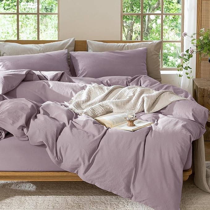 MooMee Bedding Duvet Cover Set 100% Washed Cotton Linen Like Textured Breathable Durable Soft Comfy (Solid Taro Purple, Super King Plus 120"x120")