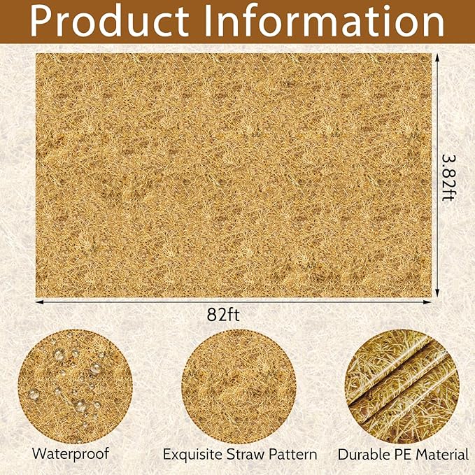 Preboun 82 ft Hay Bales Decor Hay Table Cloth Roll Large Straw Wall Backdrop Party Decorations Disposable Plastic Cloths for Western Cowboy Farm Halloween Party Supplies
