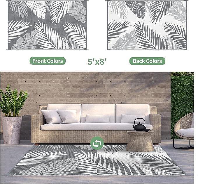 GENIMO Outdoor Rug 5' x 8' Waterproof for Patios Clearance, Reversible Plastic Straw Camping Carpet, Large Area Rugs Mats for RV, Picnic, Backyard, Deck, Balcony, Porch, Beach, Grey&White
