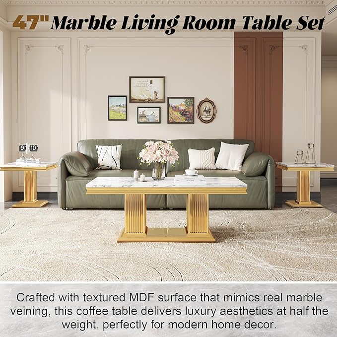 Faux Marble End Table, White Square Side Table with Golden Pillar Stainless Steel Base, Modern Accent End Table for Living Room, Office, Easy Assembly