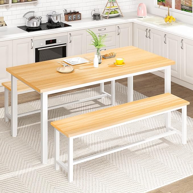 AWQM Dining Table Set with Two Benches, Kitchen Table Set for 4-6 Persons, Kitchen Table of 47.2 x 28.7 x 28.7 Inches, Bench of 41.3 x 11.8 x 17.7 Inches Each, Oak