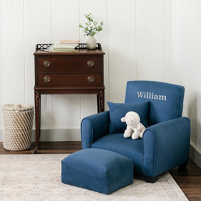 Generic Kids Personalized Chair, Personalized Kids Upholstered Rocking Chair, Toddler Chair with Personalized Name, Comfy Kids Armchair, Kids Chair with Personalization (Navy Suede, Legs), KC100L-PN