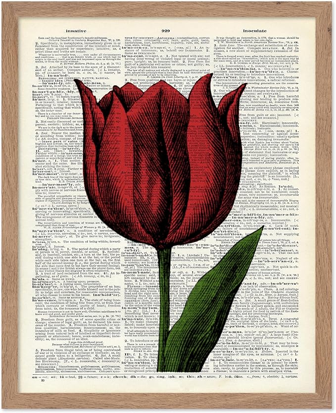 Poster Master Dictionary Art Poster - Tulip Print - Red Flower Art - Floral Art - Gift for Men, Women & Florist - Minimal Decor for Living Room, Bedroom, Dorm or Flower Shop, 16x20 Beige Framed