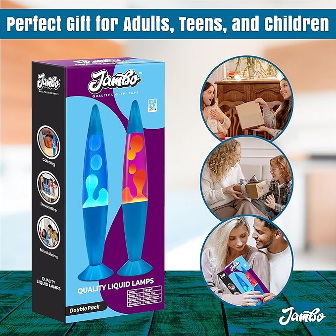 JAMBO 2 Pack- 16" Beautiful Lamp- Blue with Blue/White Wax and Purple with Yellow Wax, Relaxing Liquid Lamp, Night Light Nightlight, Lamps for Adults Teens Kid