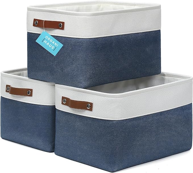 OrganiHaus Large Fabric Storage Bins for Shelves 3 Pack, 15x11in Closet Storage Bins for Shelves, Cloth Baskets & Closet Organizers, Fabric Basket, Navy Blue/White