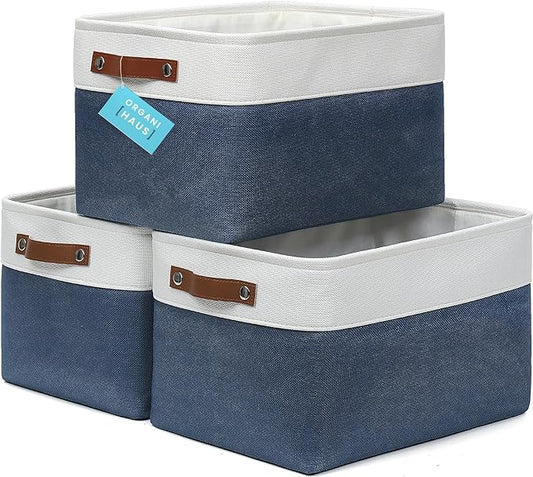 OrganiHaus Large Fabric Storage Bins for Shelves 3 Pack, 15x11in Closet Storage Bins for Shelves, Cloth Baskets & Closet Organizers, Fabric Basket, Navy Blue/White
