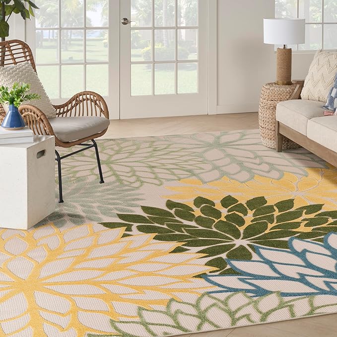 Nourison Home Aloha Indoor/Outdoor Green Multicolor 12' x 15' Area Rug, Easy Cleaning, Non-Shedding, Bed Room, Living Room, Dining Room, Backyard, Patio, Deck (12x15)
