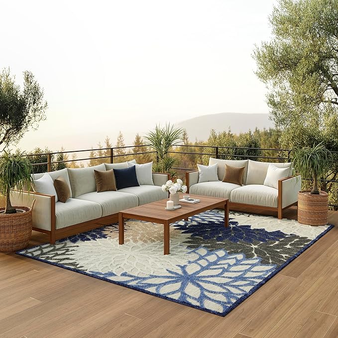 Nourison Aloha Indoor/Outdoor Blue/Multicolor 10' x 14' Area Rug, Tropical, Botanical, Easy Cleaning, Non Shedding, Bed Room, Living Room, Dining Room, Deck, Backyard, Patio (10x14)