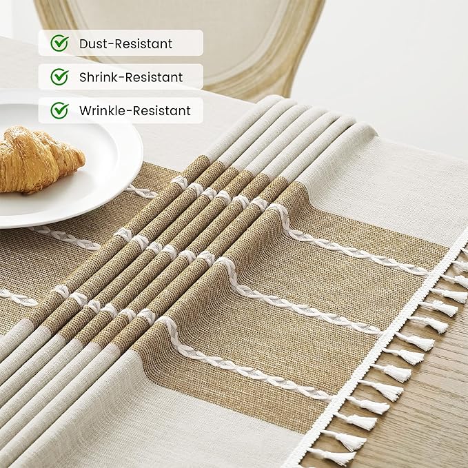 puredown® Rustic Rectangle Tablecloth, Waterproof Cotton Linen Tablecloth with Tassel, Wrinkle Free Farmhouse Table Cloths for Kitchen Dining Outdoor, 55"x70",4-6 Seats, Coffee
