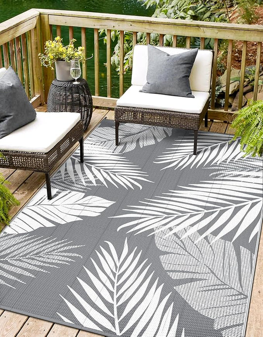 Outdoor Rug 4’x6’ Waterproof for Patio Clearance, Reversible Indoor Outdoor Plastic Straw Camping Rug Carpet, RV Mat, Large Area Rug for Deck, Backyard, Balcony, Porch, Beach, Grey & White