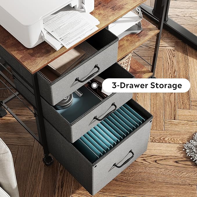 DEVAISE 3 Drawer Mobile File Cabinet, Rolling Printer Stand with Open Storage Shelf, Fabric Lateral Filing Cabinet fits A4 or Letter Size for Home Office, Rustic Brown