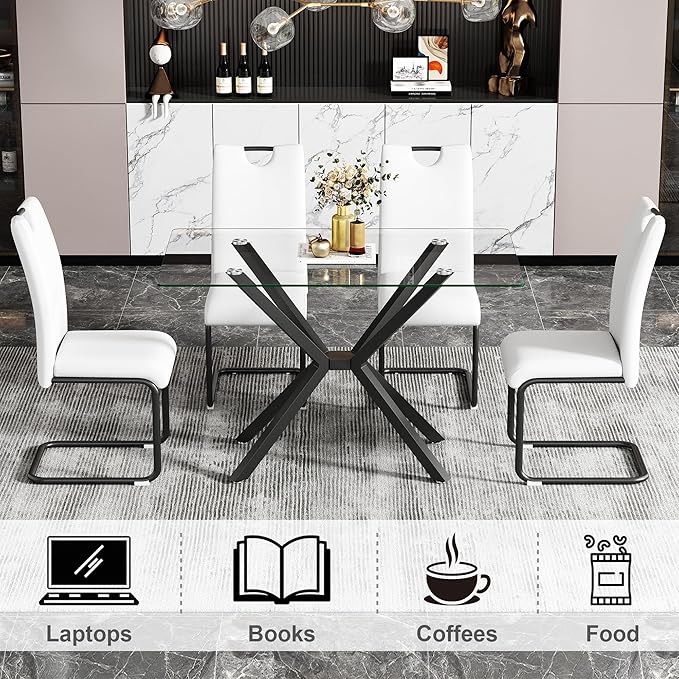 47" Tempered Glass Dining Table for 4, Modern Kitchen Table Rectangle Top, Geometric Metal Leg, for Apartment Dining Room Restaurant (Black)