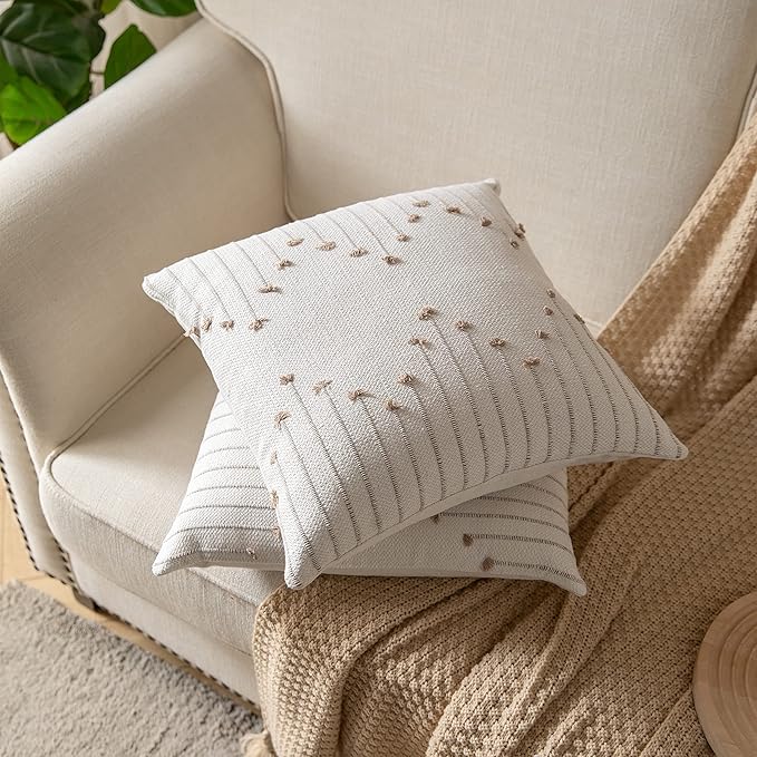 Boho Throw Pillow Covers 22x22 Set of 2 Decorative Pillows for Bed, Neutral Pillow Covers Beige with Tan Line Throw Pillows for Modern Farmhouse Couch Sofa Living Room Outdoor