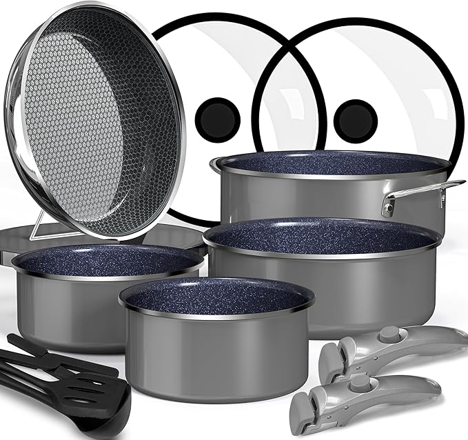 Pro DUXANO 12PC Hybrid 3-Ply Stainless Steel Skillet&Nonstick Pots and Pans Set, High Heat Sear&Fry, 2-Layer Ceramic Induction Cookware, 9H Scratch-Resistant&Anti-Warp,PFAS Free,All Cooktop/Dishwasher