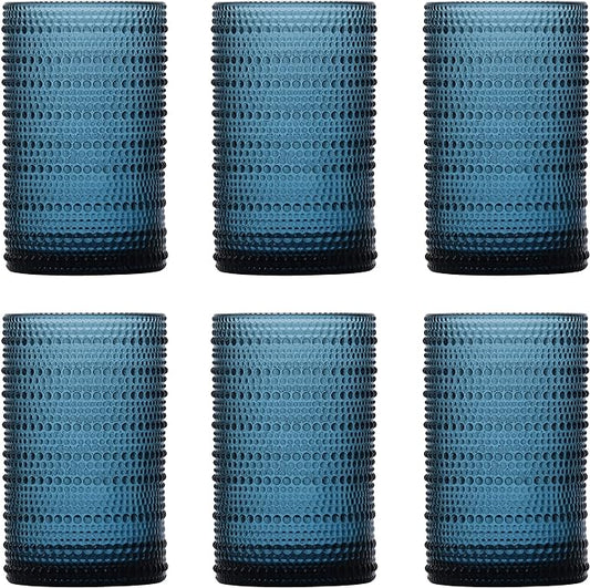 Fortessa Jupiter Beaded Hobnail Glass, 13 Ounce Iced Beverage (Set of 6), Cornflower Blue