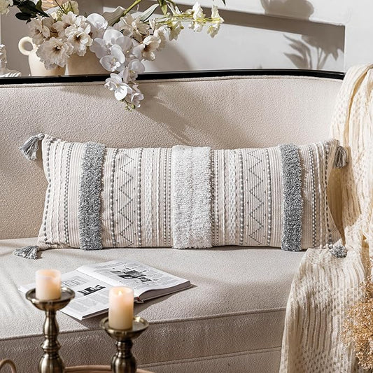 Gray Decorative Lumbar Throw Pillow Cover 14x36 Boho Long Cushion for Bed Neutral White Accent Farmhouse Pillowcase for Bedroom Living Room Couch Sofa Home Décor (Cover ONLY, Pack of 1)