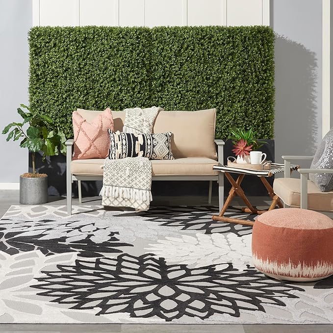 Nourison Aloha Indoor/Outdoor Black White 12' x 15' Area Rug, Tropical, Botanical, Easy Cleaning, Non Shedding, Bed Room, Living Room, Dining Room, Deck, Backyard, Patio (12x15)