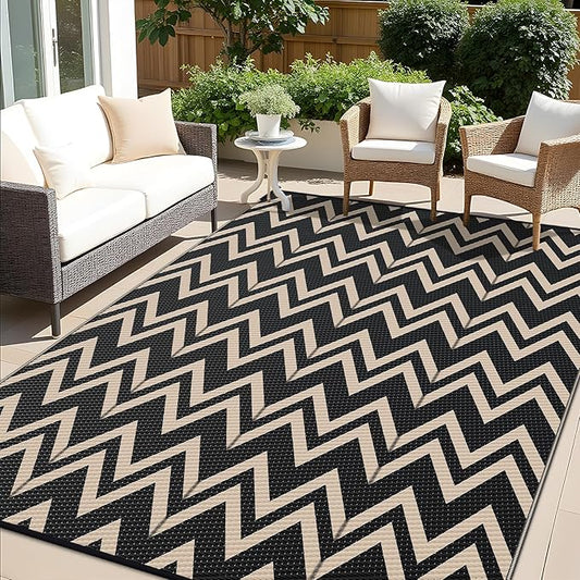 OLANLY Waterproof Outdoor Rug 6x9 ft Clearance, Reversible Outdoor Plastic Straw Rug, RV Mat, Indoor Outdoor Carpet for Patio, Camping, Balcony, Deck, Backyard, Black & Beige