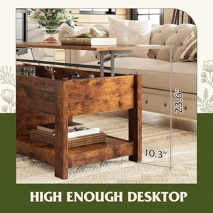 WLIVE Coffee Table, 47" Lift Top Coffee Table with HiddenCompartment and 2 Storage Shelves for Living Room, RusticBrown