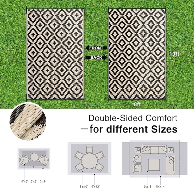 OLANLY Waterproof Outdoor Rug 8x10 ft, Outdoor Plastic Straw Rug for Camping, RV Mat Outside, Outdoor Carpet for Porch, Deck, Backyard, Balcony, Picnic, Black & Beige