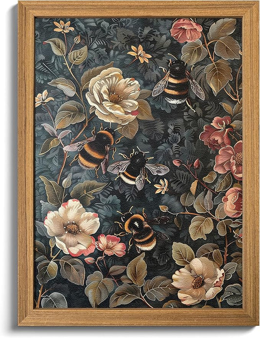 Framed 3D Textured Vintage Wall Art - Dark Academia Bumble Bee Hand Drawn Sandstone Paintings with Botanical Florals, Aesthetic Wall Decor for Living Room Bedroom Home 24x36 inch