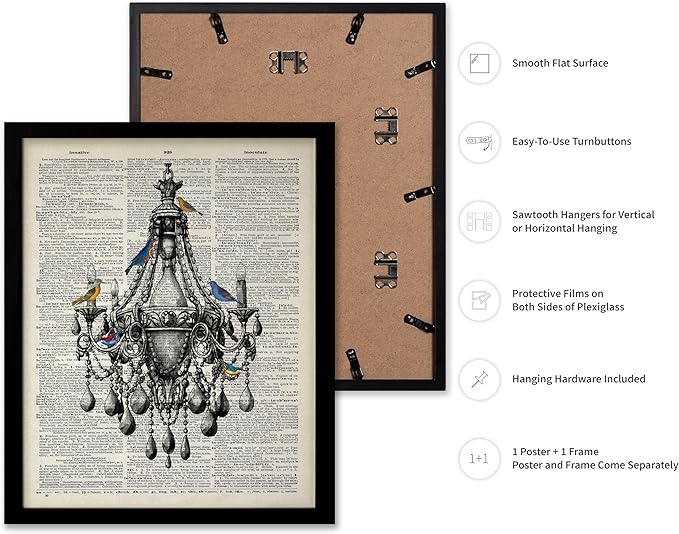 Poster Master Dictionary Art Poster - Antique Chandelier Print - Bird Art - Baroque Art - Gift for Men & Women - Chic Decor for Living Room, Dining Room, Bedroom or Kitchen, 8x10 Black Framed