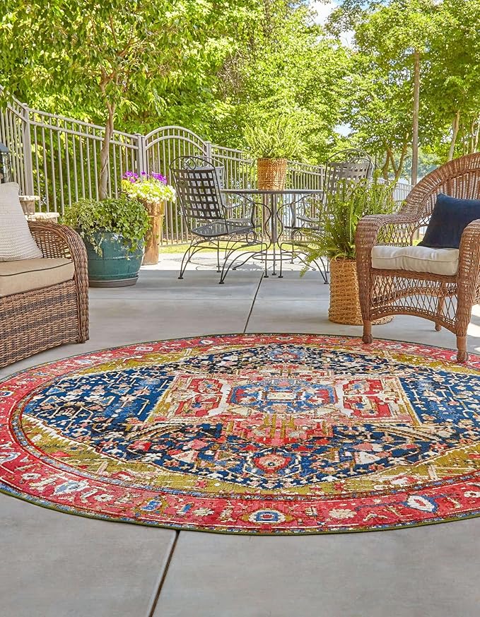 Unique Loom Outdoor Traditional Collection Area Rug - Limon (5' 1" Round Multi/Red)