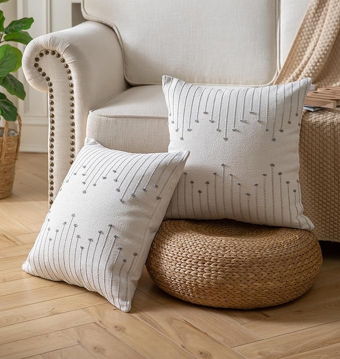 Caflife Boho Throw Pillow Covers 22x22 Set of 2 Decorative Pillows for Bed, Neutral Pillow Covers Beige with Grey Line Throw Pillows for Modern Farmhouse Couch Sofa Living Room Outdoor